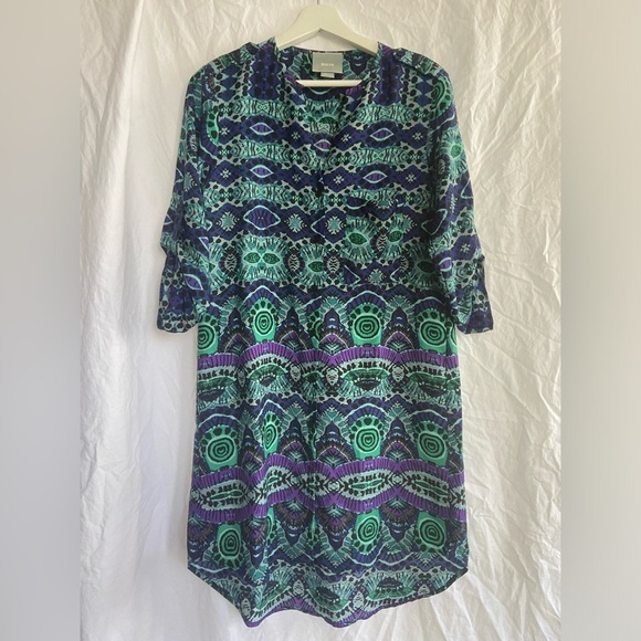 Anthropologie Maeve Multicolor Ikat Shirt Dress V-Neck Roll Tab Sleeves Size XS - Picture 3 of 16